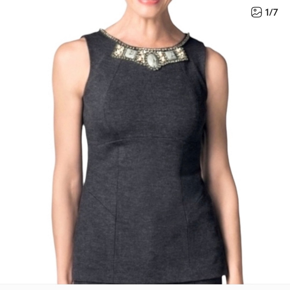 CAbi Dark Gray The Glitz Shell Top with Embellished Neckline 4